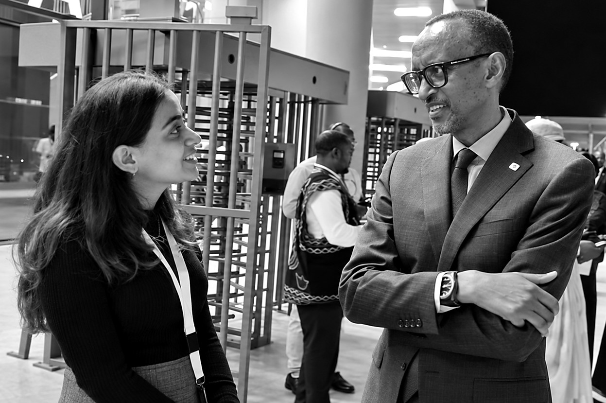 Neysa Sanghavi speaking with President Paul Kagame at YouthConnekt